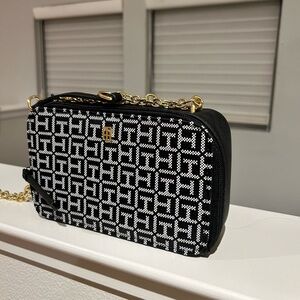 Tommy Hilfiger Black and White Crossbody Bag with Gold Accents
